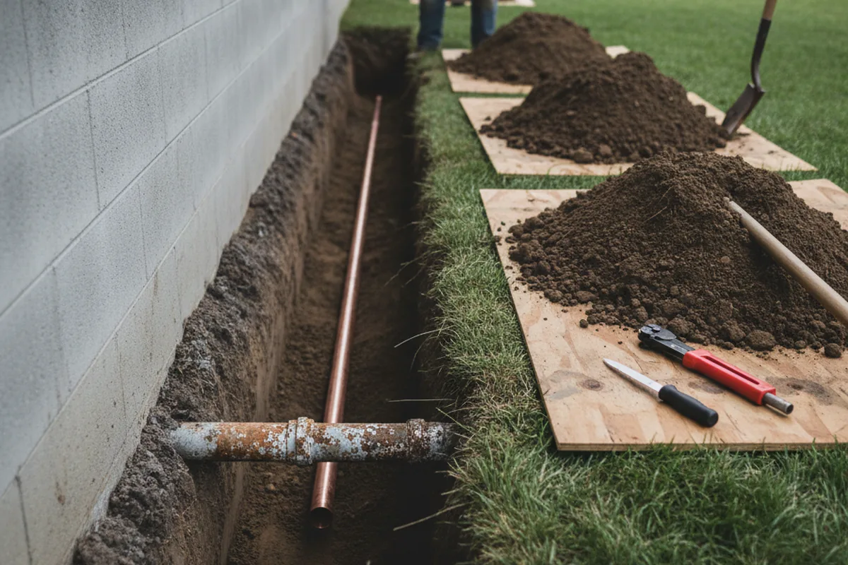 Excavated water line trench during Water Softener Installation in Pompton Plains